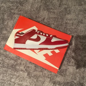 Nike Dunk Low USC  - Snygga Nike Dunk sneakers i en fräsch röd och vit färgkombination. Skorna har en klassisk design med snörning och rund tå, perfekt för en stilren look. 