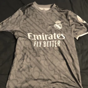 Real Madrid Vini Jr. grå fotbollströja S - Grå fotbollströja från Real Madrid med Vini Jr. och nummer 7 på ryggen. Tröjan har korta ärmar, vit logga och texten 'Emirates Fly Better' på bröstet. Snyggt mönster över hela tröjan och vita detaljer vid ärmslut. Perfekt för dig som älskar fotboll och Real.