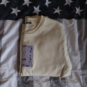 Tröja från Acne Studios - Säljer en stilren tröja från Acne Studios med ett unikt broderat märke på bröstet. Tröjan är tillverkad i mjuk bomull och har en klassisk rund halsringning. Perfekt för en avslappnad look. Skick 8/10.