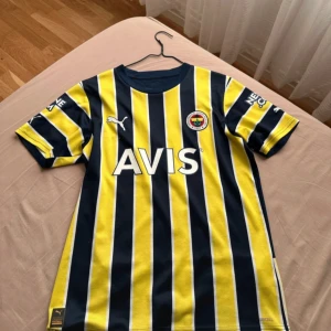 Randig fotbollströja från Puma - Säljer en snygg randig fotbollströja från Puma i blått och gult. Tröjan har korta ärmar och ett klassiskt randigt mönster. Perfekt för fotbollsfans som vill visa sitt stöd med stil! 🟡🔵