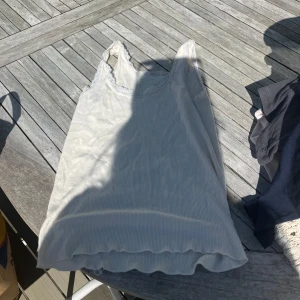 Vit ribbad linnetopp med spetskant - Säljer en söt vit ribbad linnetopp med tunna axelband och fina spetsdetaljer längs kanterna. Toppen har en mjuk och stretchig känsla, perfekt för varma dagar eller som lager under andra plagg. Säljs inte ny längre