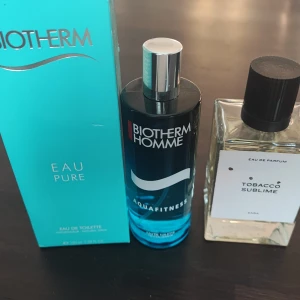 Parfymer från Biotherm och Zara - Säljer två parfymer: Biotherm Homme Aquafitness i en blå flaska med silverlock och Biotherm Eau Pure i en turkos förpackning. Dessutom en Tobacco Sublime Eau de Parfum från Zara i en genomskinlig flaska med svart lock. Perfekt för den som vill ha en fräsch och maskulin doft.