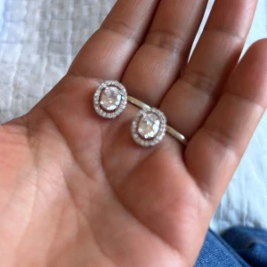 Silverfärgade örhängen med glittriga stenar - Eleganta silverfärgade örhängen med ovala glittriga stenar omgivna av en rad mindre stenar. Perfekta för att ge en touch av glamour till din outfit.