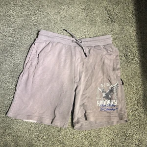 Grå Hoodrich shorts med tryck - Snygga grå shorts från Hoodrich i mjuk bomull med coolt tryck på ena benet och broderad H på baksidan. De har snörning i midjan och fickor på sidorna samt bak. Perfekta för chill dagar och streetwear vibes.