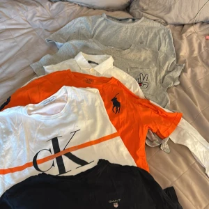 T-shirtpaket GANT, CK, Polo, Replay, Tommy Hilfiger - Säljer ett paket med fem t-shirts från GANT, Calvin Klein , Polo Ralph Lauren, replay och Tommy Hilfiger. Färgerna är svart, grå, vit och orange. En t-shirt har stor CK-logga och orange rand, en är orange med Polo-logga, en är vit med shorta från Replay, samt en grå och en svart GANT med broderad logga. storlekarna är lite olika men det är från  13-16 år 
