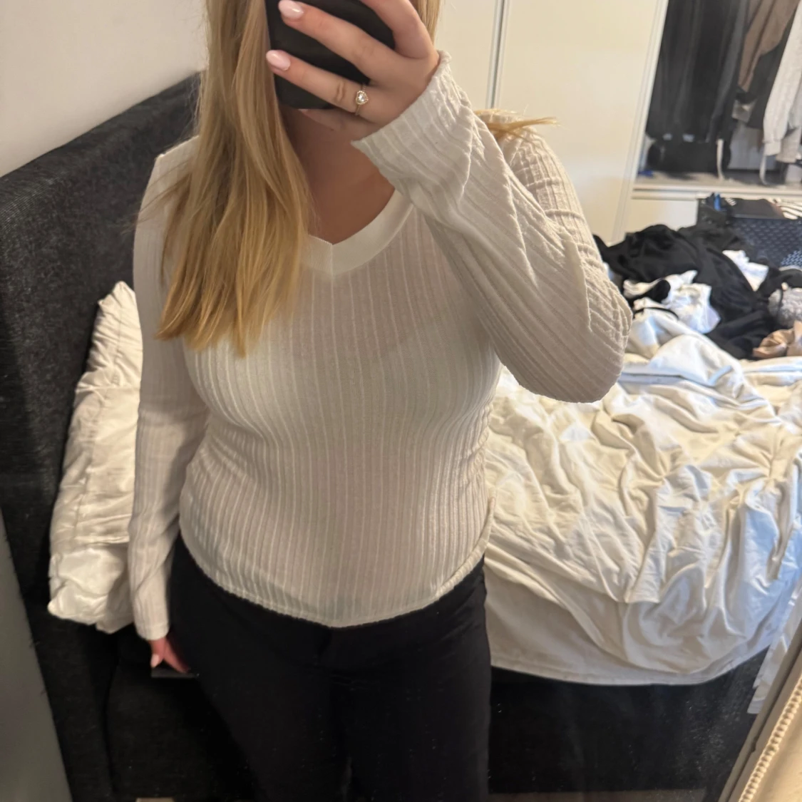 Vit ribbad långärmad tröja M - 1