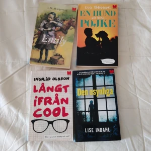Fyra ungdomsböcker: Emily, En hund och hans pojke, Långt ifrån cool, Den osynliga - Säljer fyra ungdomsböcker: 'Emily' av L.M. Montgomery, 'En hund och hans pojke' av Eva Ibbotson, 'Långt ifrån cool' av Ingrid Olsson och 'Den osynliga' av Lise Indahl. Böckerna har färgglada omslag och är i pocketformat.