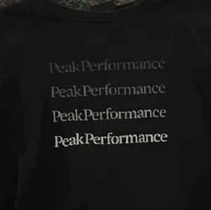 Svart sweatshirt från Peak Performance - Säljer en svart sweatshirt från Peak Performance med tryckt logga i olika nyanser på bröstet. Tröjan har rund halsringning och långa ärmar. Perfekt för en avslappnad och sportig stil.