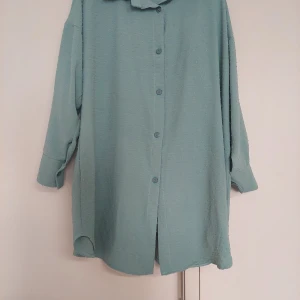 Ljusgrön oversized kläning från SaMa - Säljer en ljusgrön oversized kläning från SaMa med diskret prickigt strukturmönster. Kläning har långa ärmar, klassisk krage och knäppning framtill. Perfekt för en avslappnad och trendig look.