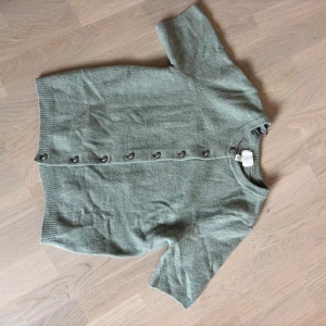 Ljusgrön stickad kofta från H&M - Säljer min superfina stickade tröja/kofta. Tröjan har aldrig kommit till användning och är därmed anledningen till att jag säljer. Superfina silvriga knappar som är öppningsbara. Köpare står för frakt!