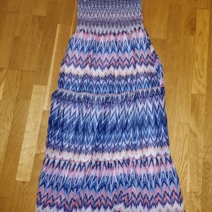 Mönstrad sommarklänning från Happy Girls - Säljer en färgglad klänning från Happy Girls med smock upptill och tunna axelband. Klänningen har ett zigzag-mönster i blått, rosa och vitt och är perfekt för varma dagar. Lätt och luftig modell med flera volanger.