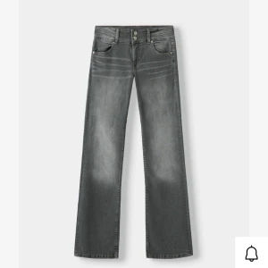 Grå bootcut jeans med låg midja - Snygga grå jeans med bootcut passform och låg midja. Jeansen har klassiska fem fickor, dubbla knappar i midjan och lätt slitna detaljer framtill. Perfekta för en trendig vardagslook.