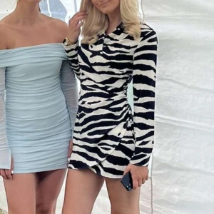 Zebramönstrad omlottklänning med lång ärm - Säljer en snygg zebramönstrad klänning med omlottmodell och långa ärmar. Klänningen har svartvita ränder och en markerad midja som ger en cool och trendig look. Perfekt för dig som vill sticka ut!