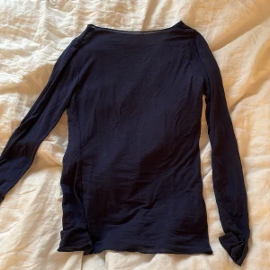 Mörkblå långärmad topp - Säljer en tunn, mörkblå långärmad topp med rund halsringning. Materialet är lätt och stretchigt, perfekt för lager-på-lager. Enkel och stilren design utan synliga mönster eller detaljer.