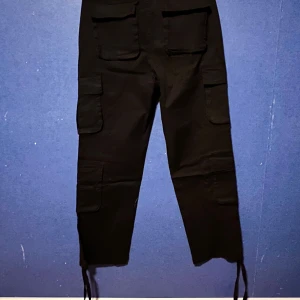 Svarta cargobyxor med fickor - Säljer ett par svarta cargobyxor med flera stora fickor på sidorna och snörning vid bensluten. Perfekta för en avslappnad och cool stil. Byxorna har rak passform och är tillverkade i ett slitstarkt material.Aldrig använda
