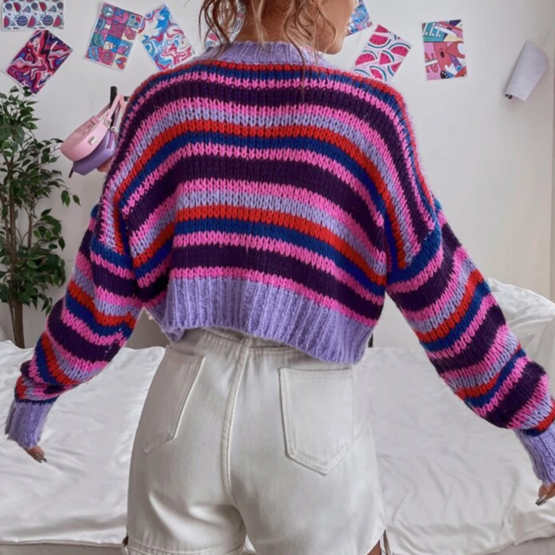 Randig croppad stickad tröja - 1