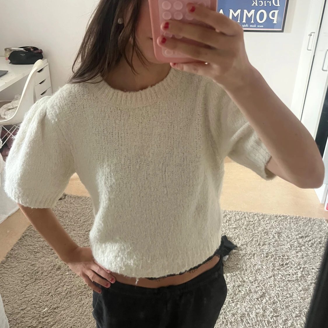 Vit stickad kortärmad tröja - 1