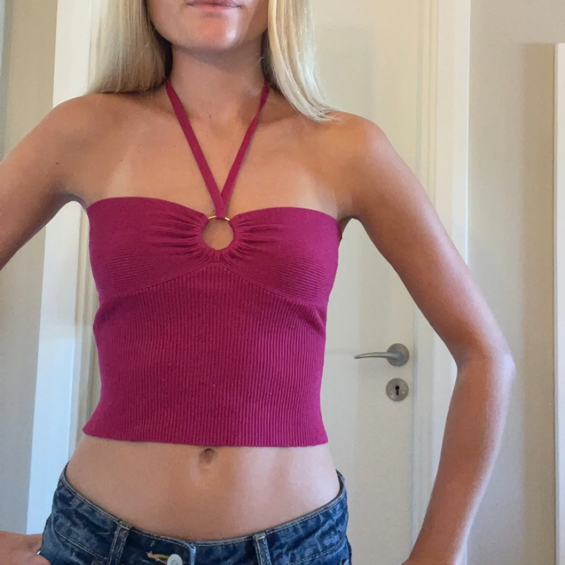 Ribbad hallonröd bandeau tubtopp - 1