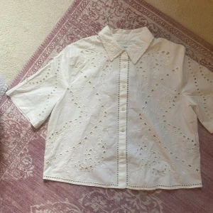 Vit broderad skjorta/blus från Zara - Snygg vit skjorta från Zara med broderade detaljer och korta ärmar. Skjortan har klassisk krage, knappar framtill och fina spetsdetaljer längs kanterna. Tillverkad i mjuk bomull. Helt oanvänd!