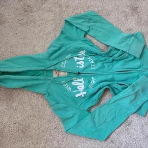 Turkos hoodie från Hollister XS - Säljer en turkos hoodie från Hollister i storlek XS. Tröjan har vit broderad text på bröstet, snörning vid huvan och dragkedja framtill. Materialet är mjuk bomull och modellen är normal passform med långa ärmar. Pris går att diskutera.