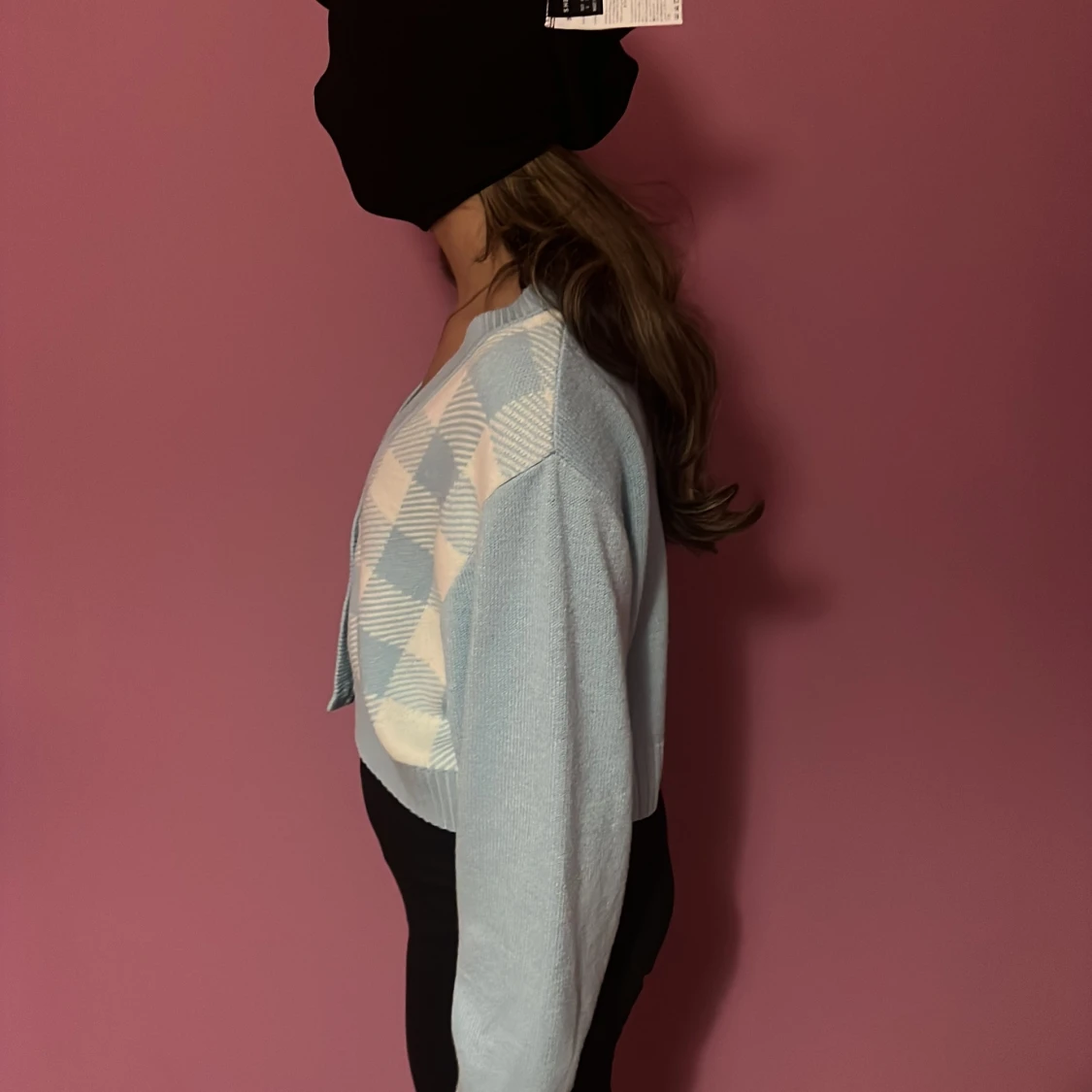 Ljusblå rutig croppad stickad väst - 2