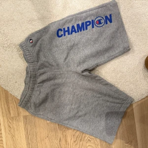 Grå shorts från Champion - Säljer ett par grå shorts från Champion med elastisk midja och stort blått tryck på ena benet. 