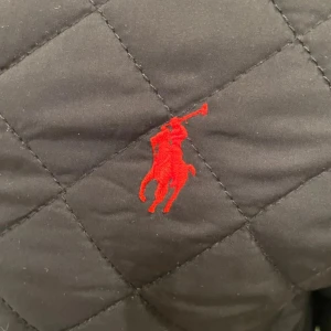 Svart quiltad jacka från Polo Ralph Lauren - Snygg svart quiltad jacka från Polo Ralph Lauren i nyskick med röd broderad logga på bröstet. Jackan har dragkedja och långa ärmar, perfekt för kyligare dagar. Klassisk och stilren design som funkar till det mesta.