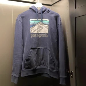 Blå hoodie från Patagonia - Säljer en snygg blå hoodie från Patagonia med ett bergsmotiv och logga på bröstet. Tröjan har en stor ficka framtill och justerbar huva med snören. Perfekt för kyliga dagar!