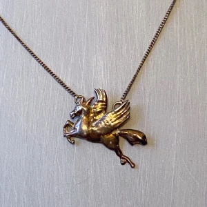 Vintage halsband med Pegasus-hänge - Unikt halsband med ett detaljerat Pegasus-hänge i sterling silver . Kedjan är tunn och elegant, vilket gör att hänget verkligen står ut. Perfekt för dig som vill ha något magiskt och annorlunda. Stämplat 925 i kedja och berlock. Oputsat 