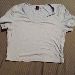 Ljusblå ribbad topp  - Säljer en ljusblå ribbad topp.Toppen har en v-ringad hals och korta ärmar, perfekt för en avslappnad stil. Den är croppad och passar bra till både jeans och kjol.