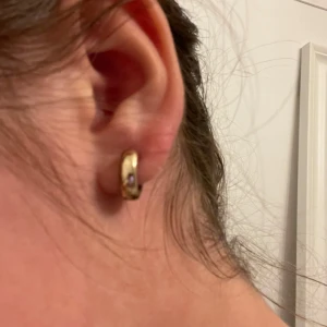 Guldörhängen med stenar - Säljer ett par eleganta guldörhängen med en liten infattad sten. De är små och diskreta, perfekta för både vardag och fest. Örhängena har en slät och glänsande yta som ger en lyxig känsla.