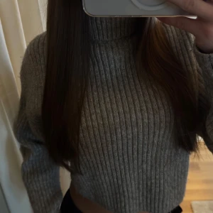 Grå ribbad polotröja - Säljer en stilren grå ribbad polotröja med hög krage. Tröjan är croppad och har långa ärmar, perfekt för kyligare dagar. Helt ny använd 2 gånger.  Passar utmärkt till både jeans och kjol. Hör av dig vid intresse! 