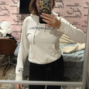 Vit hoodie från Champion - Säljer en snygg vit hoodie från Champion med logga på bröstet. Relativt tunn i materialet (ej för varmt).