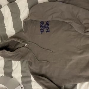 Grå hoodie med tryck - Säljer en grå hoodie med texten 'Take It Easy' i blått på bröstet. Den har en klassisk design med huva och dragsko. Perfekt för en avslappnad stil.
