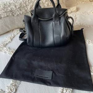 Svart skinnväska från Alexander Wang - Säljer en snygg svart skinnväska från Alexander Wang. Väskan har coola nitar på undersidan och en praktisk dragkedja upptill. Perfekt för både vardag och fest! 🖤