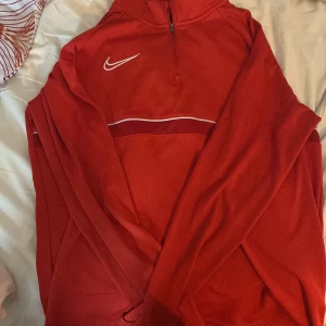 Röd Dri-Fit tröja från Nike - Säljer en röd Dri-Fit tröja från Nike i storlek L. Perfekt för träning med sin fukttransporterande teknologi. Tröjan har en halv dragkedja och långa ärmar, vilket gör den idealisk för kyligare dagar. Den har en stilren design med den klassiska Nike-loggan på bröstet.