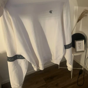 Vit sweatshirt från Calvin Klein Jeans - Säljer en stilren vit sweatshirt från Calvin Klein Jeans med CK-logga på bröstet. Tröjan har långa ärmar och svarta detaljer med text längs ärmarna. Perfekt för en avslappnad look.