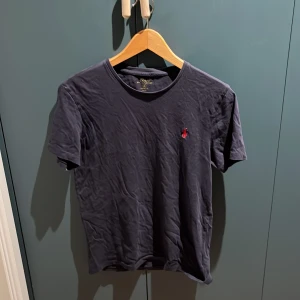 Svart t-shirt från Ralph Lauren - Säljer en stilren svart t-shirt från Ralph Lauren med en liten röd broderad logga på bröstet. T-shirten är kortärmad och tillverkad i bomull, perfekt för en avslappnad look.