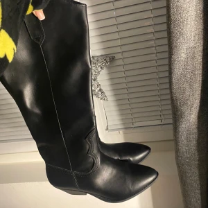 Svarta boots - Säljer ett par svarta stövlar i skinn med en låg klack och spetsig tå. Perfekta för höst, vinter och vår. De har en enkel design utan extra detaljer, vilket gör dem lätta att matcha med olika outfits. Endast använda en gång till en konsert. 