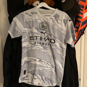 Manchester City fotbollströja - Säljer en snygg Manchester City fotbollströja från Puma med korta ärmar. Tröjan är vit med ett grått mönster och har klubbens emblem på bröstet. Storlek är M men sitter lite närmare S som blev för tajt för mig därav säljes. 