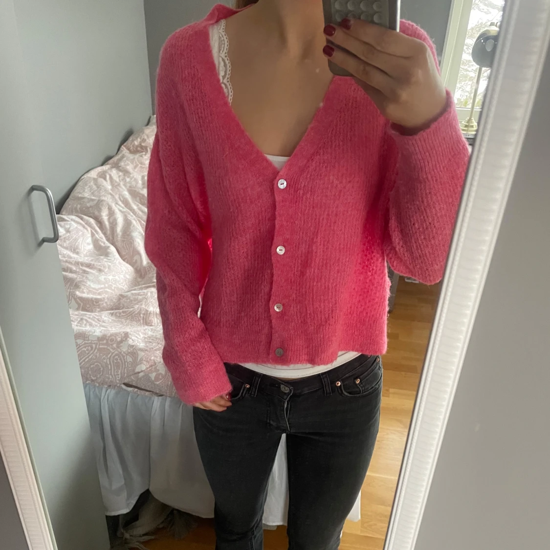 Rosa stickad kofta - 90