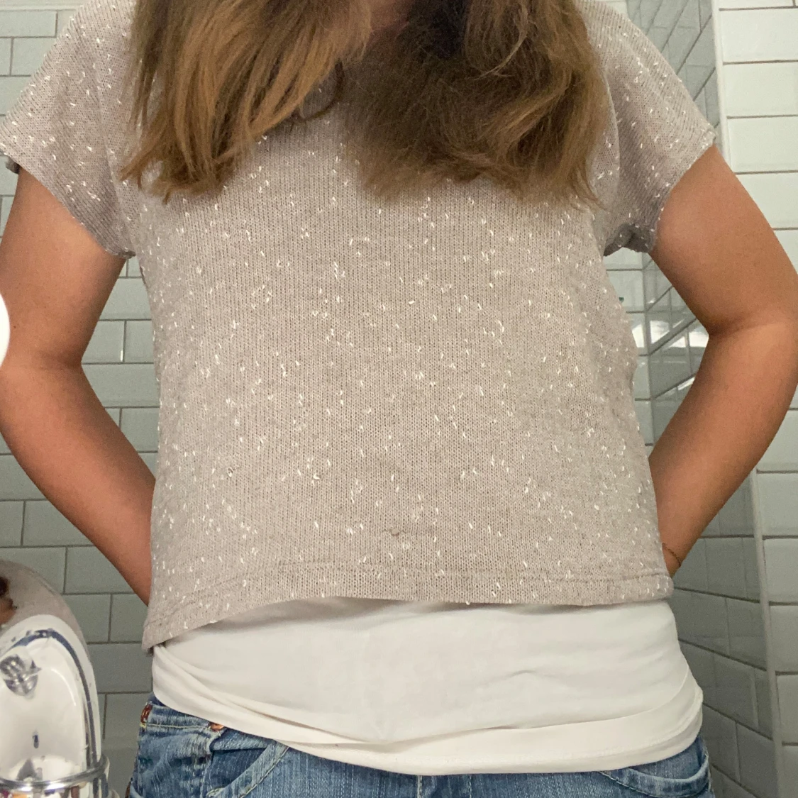 Beige stickad t-shirt  - 90