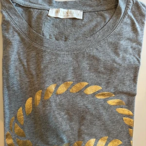 Grå t-shirt från Busnel - Snygg grå t-shirt från Busnel med ett guldtryck i form av ett repmönster. Perfekt för en stilren och avslappnad look.