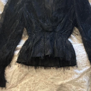 Svart glittrig blus - Säljer en svart blus med glittriga detaljer och lång ärm. Blusen har en unik textur med fjäderliknande detaljer som ger en festlig känsla. Perfekt för en utekväll eller speciella tillfällen.