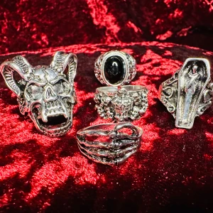 Fem nya feta silverfärgade ringar Dödskalle Skelett Likkista Rock Punk Metal Goth Alternativ  - Säljer ett set av fem coola silverfärgade ringar med olika motiv. En ring har ett stort dödskallehuvud med horn, en annan en svart sten omgiven av små dödskallar. Det finns även en ring med ett skelettmönster och en med en kista. 2-2,1 cm i innerdiameter. Perfekt för dig som gillar en edgy stil!