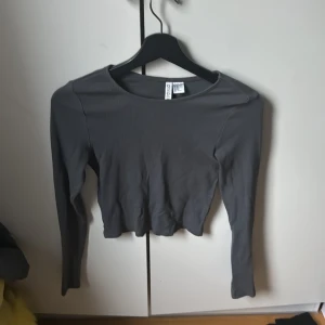 Grå ribbad topp från Divided - Säljer en stilren grå ribbad topp från Divided. Den har en croppad passform och långa ärmar, perfekt för en trendig look. Toppen är i storlek XS och passar utmärkt till både jeans och kjol. Från hm!