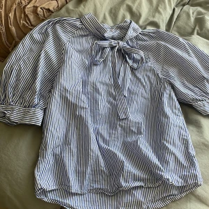 Randig blus med knytband - Säljer en superfin randig blus i blått och vitt. Den har korta ärmar och ett snyggt knytband vid halsen som ger en chic touch. Bandet går även att ta av! Perfekt för både vardag och fest!