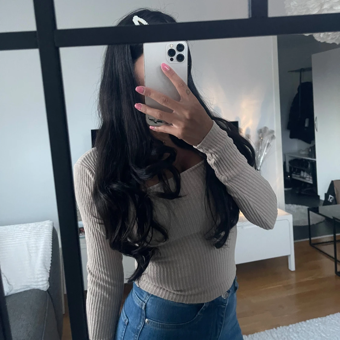 Beige ribbad topp - 90