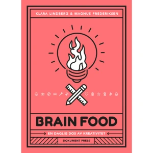 Brain food : en daglig dos av kreativitet (bok, danskt band) - När du vill ge din kreativitet en rejäl boost ta hjälp av Brain Food! Kreativitet handlar om att lösa problem. Ta itu med idétorka, hitta nya sätt att närma sig situationer och bryta invanda mönster. Kreativitet är lätt. Det är inte begränsat till konstnärer, musiker och författare. Kreativitet är en färdighet för alla, som inte sällan leder till oväntade och fantastiska resultat. Allt som krävs är är lite träning.Brain Food: En daglig dos av kreativitet presenterar 365 inspirerande utmaningar som hjälper dig att släppa fram din kreativitet och få grepp om nyskapande idéer. Med Brain Food får du varje dag träna hjärnan att välja nya vägar, att se annorlunda och innovativa lösningar på problem, och att hela tiden utveckla din kreativa process. Allt handlar om att låta hjärnan ha roligt, gå ur sin vanliga tankebana och upptäcka nya möjligheter. Sätta ord på, eller kanalisera minnen och känslor. Abstrakt eller konkret och stort som litet. Och inte minst, att bara göra. Likt en muskel tränar du upp din kreativitet, något alla kan bli bra på, oavsett ålder och yrke. Brain Food är en lättillgänglig och flexibel manual som kommer att förgylla, förändra och förbättra din vardag. Boken presenterar tips och utmaningar i olika svårighetsgrader som passar för alla. Hur du använder den är upp till dig. För den målmedvetne kämpen kan boken nyttjas som ett kreativt boot camp där varje dags utmaning utförs med största noggrannhet och precision. För den redan produktive kan boken vara ett hjälpmedel för att hitta nya sätt att angripa en uppgift. För en tredje kan boken finnas till hands när det passar, när dagen känns lite grå och hjärnan behöver en utmaning. Det finns inget rätt eller fel, bara en vilja till utveckling!Klara Lindberg jobbar som Creative Liberator &amp; Educator med fokus på kreativ coaching, undervisning och föreläsningar inom kreativitet, reklam och design. Klara har arbetat som Art Director i över tio år på bland annat BBH NY och 72andSunny NY. Hon är sedan 2011 bosatt och verksam i New York.Magnus Frederiksen har 20 års erfarenhet som Illustratör och grafisk designer samt föreläser inom nämnda områden med fokus på begreppet kreativitet. Magnus bor och arbetar i Stockholm.    Format Danskt band   Omfång 180 sidor   Språk Svenska   Förlag Dokument Press   Utgivningsdatum 2020-04-03   ISBN 9789188369383  