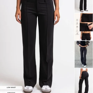 Svarta lågmidjade byxor - Snygga svarta byxor med låg midja och rak passform. Perfekta för en stilren look. Byxorna har en klassisk design med knappar och dragkedja framtill. Använd fåtal gånger köpt på madlady storlek: 36 short